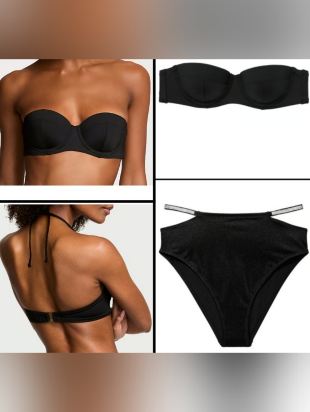 38D/L VS Swim Bandeau Shine Strap High Waist Bikini Set Black